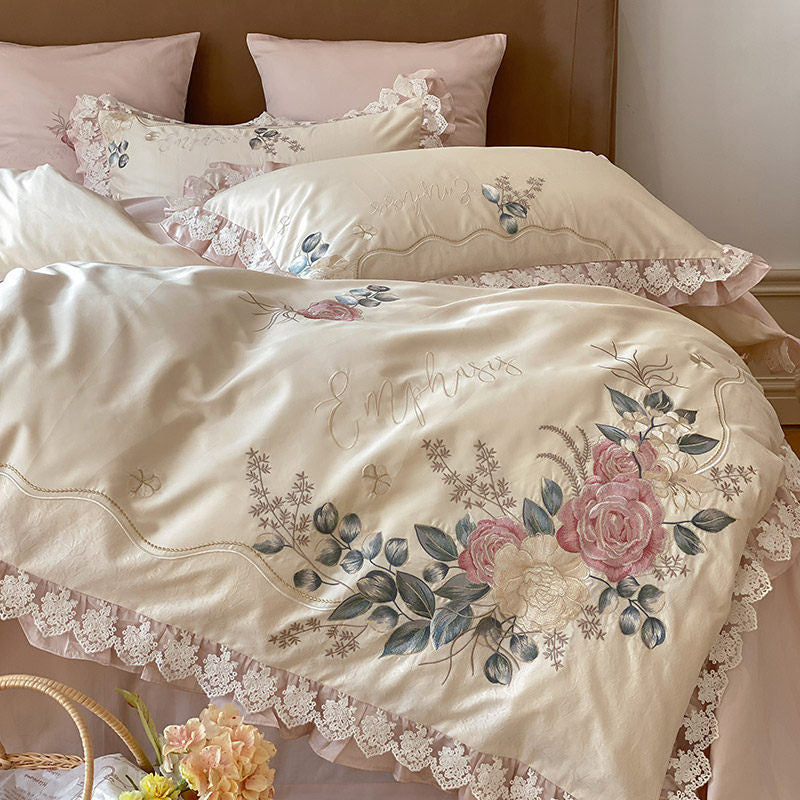 French Rose Embroidered Long-Staple Cotton Bedding Set | Aurelie Home