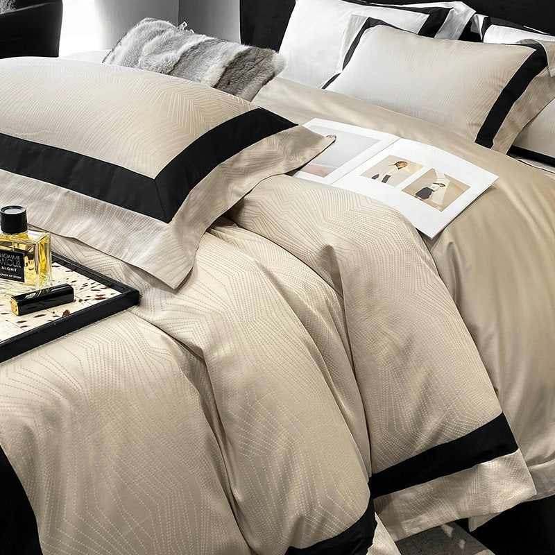 Aurelie Original Handcrafted Luxury Ivory 100S Long-Staple Cotton Jacquard Bedding Set with Black Trim