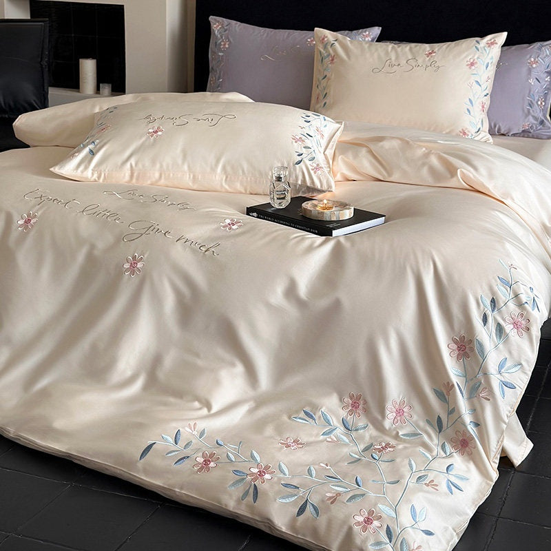 Romantic Floral Embroidered 100S Cotton Bedding Set | Aurelie Home